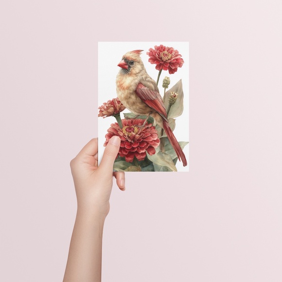 Watercolor Female Cardinal Bird with Flowers Wall Art Print Unframed - Picture 5 of 6